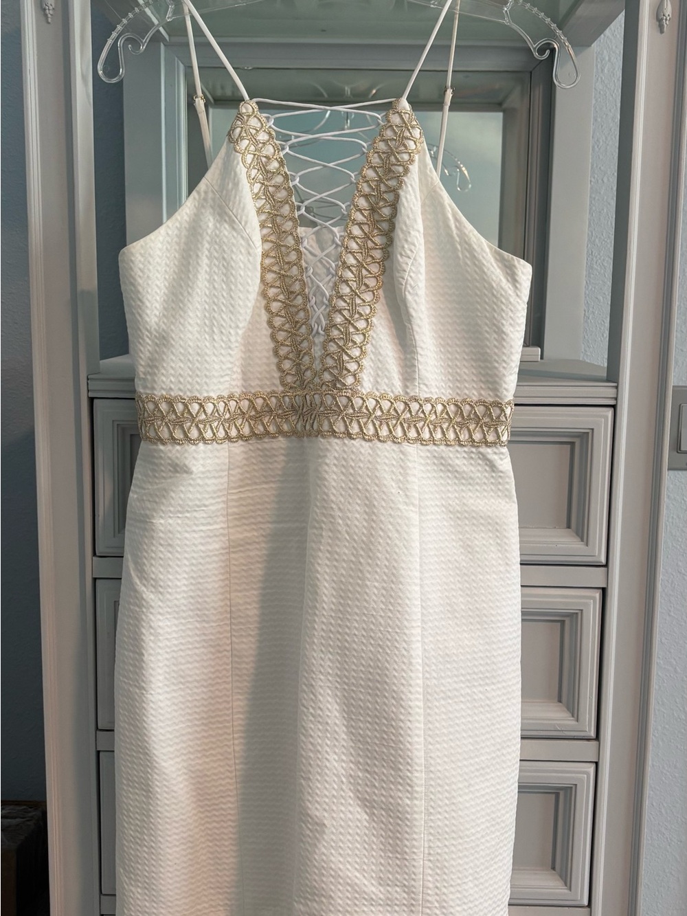 Lilly Pulitzer White Strapless Sheath Dress with Gold Trim
